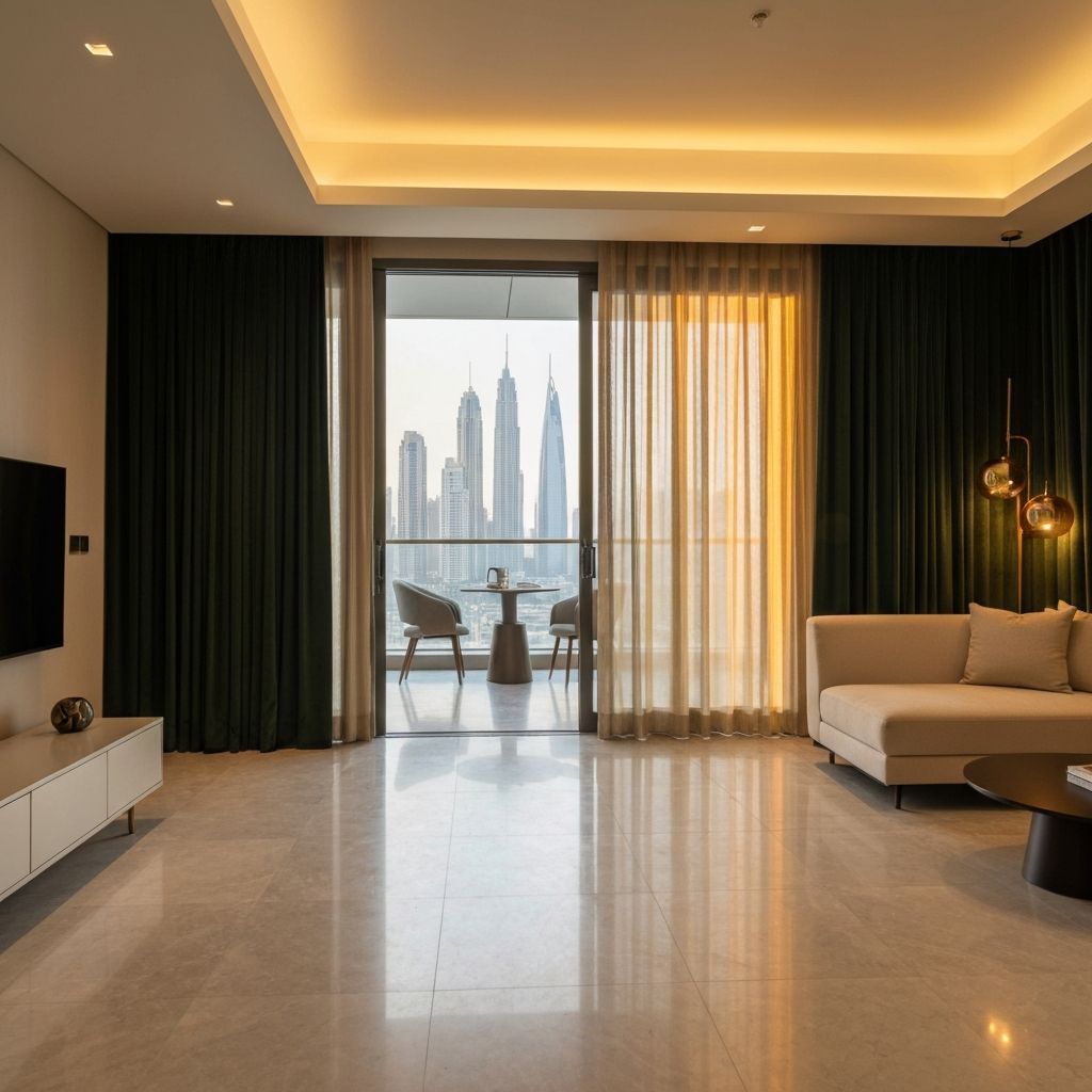 Luxury living room with flowing curtains